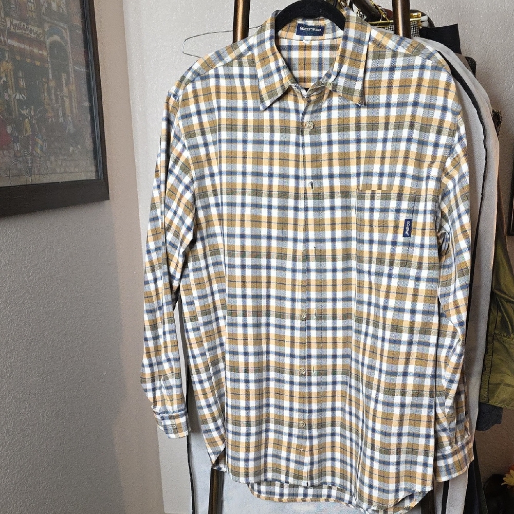 Guess Men's Yellow and Gray Plaid Button-Down Shirt Large